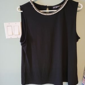 Black Blouse with Pearl and Chain Detail.